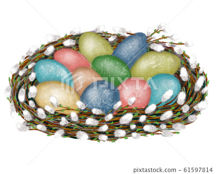 Easter eggs in a nest of willow branches, - Stock Illustration ...