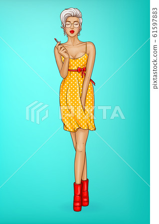 girl with sexy lips holds red lipstick. 61597883