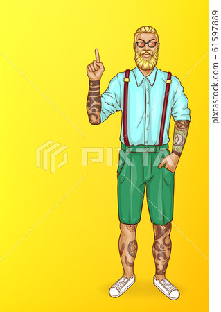pop art tattooed bearded man points direction pop art tattooed bearded man points direction 61597889