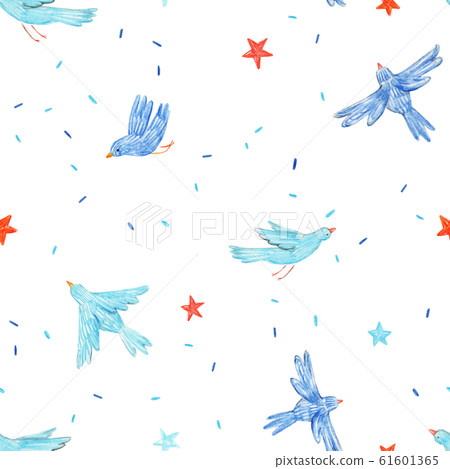 Beautiful vector seamless pattern with cute hand drawn blue birds and red stars. Baby stock illustration. Beautiful vector seamless pattern with cute hand drawn blue birds and red stars. Baby stock illustration. 61601365