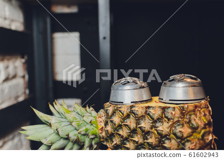 Luxury hookah with pineapple. Exotic bowl with fruit. Hookah lounge. Fruits and coals. Glamours relax. Narghile and water pipe. 61602943