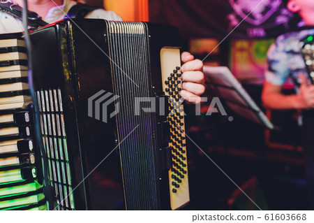 Image of musician playing on accordion closeup. 61603668