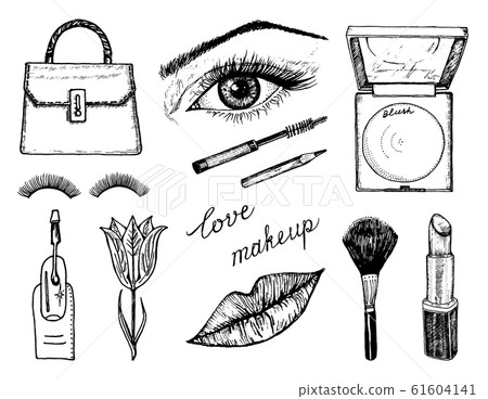 Makeup Tools Set. Doodle A collection of female tools and elements for a beauty salon. Hand drawn Makeup Tools Set. Doodle A collection of female tools and elements for a beauty salon. Hand drawn 61604141