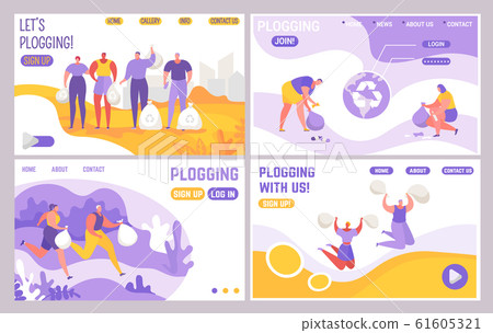 Plogging landing web page set, people jog and collect garbage vector illustration. 61605321