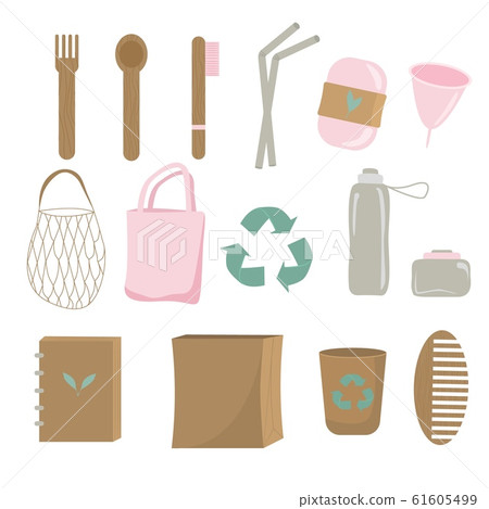 Reuse elements zero waste household items icon set vector graphic illustration 61605499