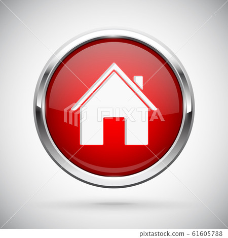 Closed icon. Red shiny 3d button with metal frame and locked home symbol 61605788