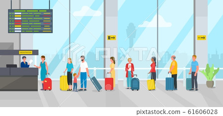 Airport check in registration desk and people passengers queue vector illustration. 61606028
