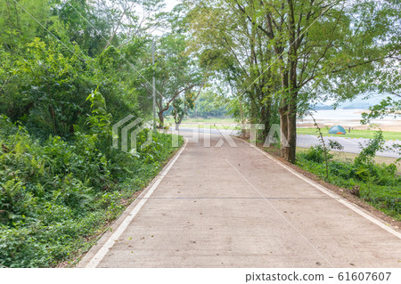 Concrete road in the forest With mountains and sky in the background Concrete road in the forest With mountains and sky in the background 61607607