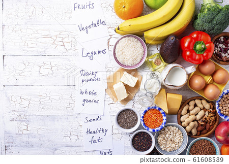 Ovo-lacto vegetarian healthy diet concept. Ovo-lacto vegetarian healthy diet concept. 61608589