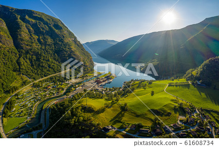 Aurlandsfjord Town Of Flam at dawn. Aurlandsfjord Town Of Flam at dawn. 61608734