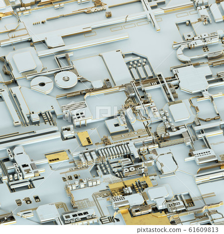 Circuit board futuristic server code processing. Gold and white technology background. 3d rendering 61609813