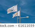 The flag of Agia Napa municipality and the flag of Cyprus. Flags on the flagpole and the stereet lamp post. The wind inflates the flag. 61611039
