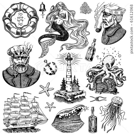Nautical adventure set. Sea lighthouse, mermaid and marine captain, octopus and shipping sail, old 61612068