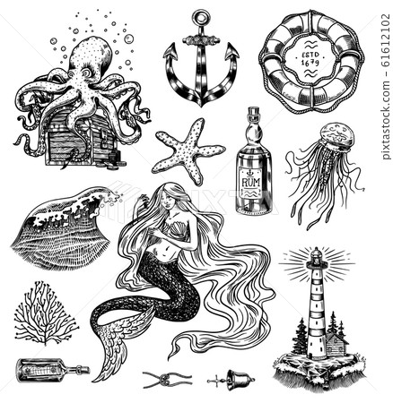 Nautical adventure set. Sea lighthouse, mermaid and marine captain, octopus and shipping sail, old 61612102