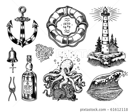 Nautical adventure set. Sea lighthouse, jellyfish and marine octopus and shipping sail, old sailor 61612118