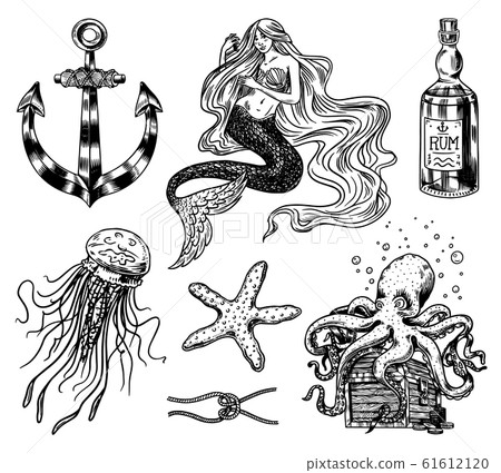 Nautical adventure set. Sea mermaid, anchor and... - Stock Illustration ...
