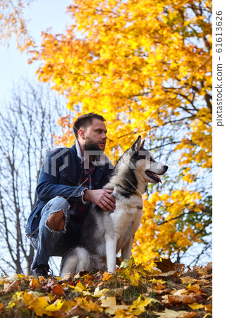 Hipster stylish guy with his husky dog in autumn Hipster stylish guy with his husky dog in autumn 61613626
