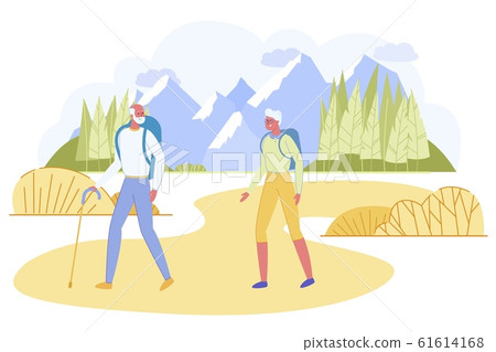 Senior Couple with Backpacks Hiking at Highland Senior Couple with Backpacks Hiking at Highland 61614168