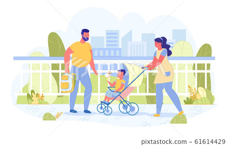 Vector Banner Couple on Walk with Baby Carriage. 61614429