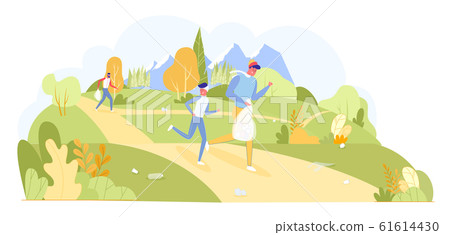 Family Volunteers Cleaning up Green Forest Cartoon 61614430