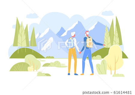 Senior Couple with Backpacks Admiring Mountains 61614481