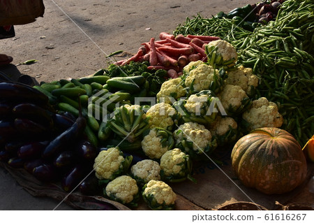 India's Kolkata market: a greengrocer selling a wide variety of fresh vegetables 61616267