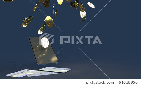 The mobile and gold coins 3d rendering for business content. The mobile and gold coins 3d rendering for business content. 61619956