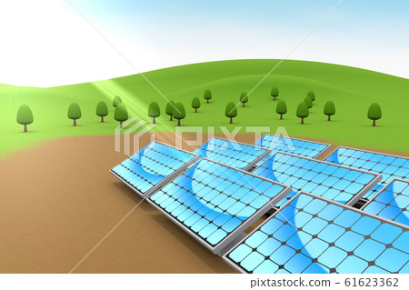 已安裝太陽能電池板。自然和藍天。 3D插圖 已安裝太陽能電池板。自然和藍天。 3D插圖 61623362