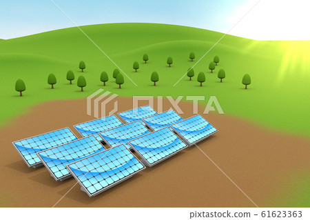 已安裝太陽能電池板。自然和藍天。 3D插圖 已安裝太陽能電池板。自然和藍天。 3D插圖 61623363