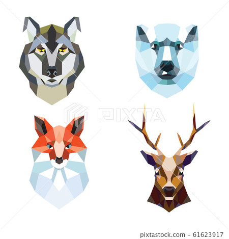 Polygonal portraits of fox, deer, wolf and polar bear. set of illustrations. 61623917