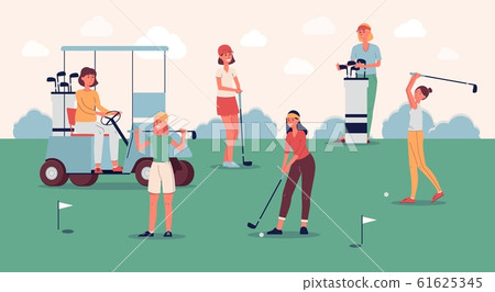 Female golf player team standing on green course with golfing equipment 61625345