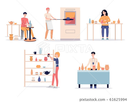 Cartoon people in pottery studio - set of clay ceramic crockery making process. 61625994