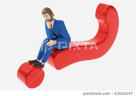 Cartoon character businessman sits on a question mark in thought. 3d rendering Cartoon character businessman sits on a question mark in thought. 3d rendering 61626247