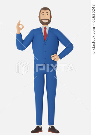 Cartoon character, businessman in suit shows okay or OK gesture. 3d rendering 61626248
