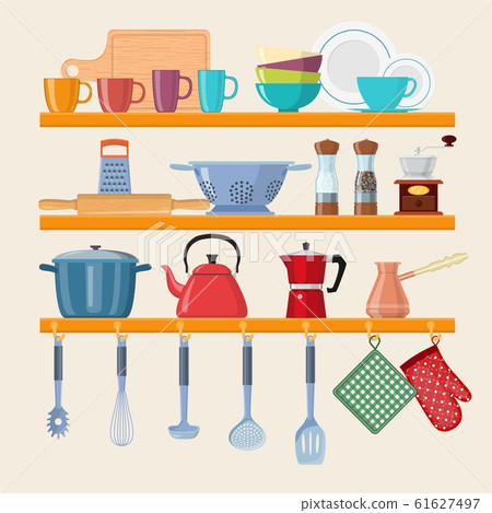 Kitchen shelves with tableware Kitchen shelves with tableware 61627497
