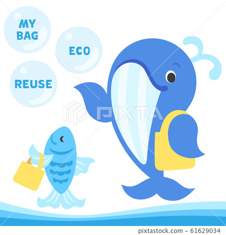 Illustration set of whale and fish holding eco bag Illustration set of whale and fish holding eco bag 61629034