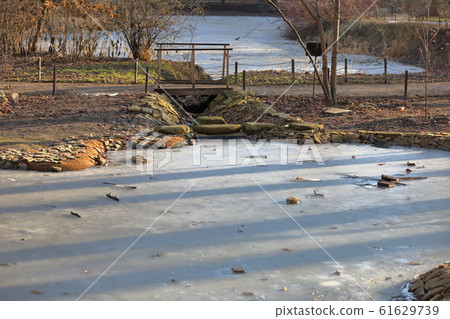 Frozen winter lake in public park 61629739
