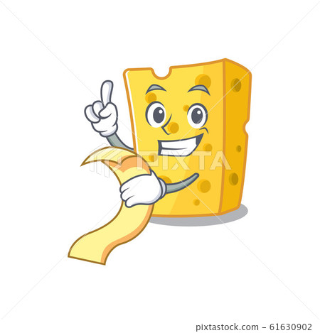 A funny cartoon character of emmental cheese with a menu A funny cartoon character of emmental cheese with a menu 61630902