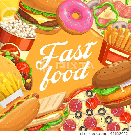 Fast food hamburger, hot dog, taco, pizza, popcorn Fast food hamburger, hot dog, taco, pizza, popcorn 61632032