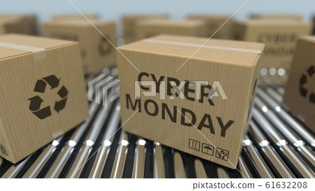 Cartons with CYBER MONDAY text move on roller conveyor. 3D rendering 61632208