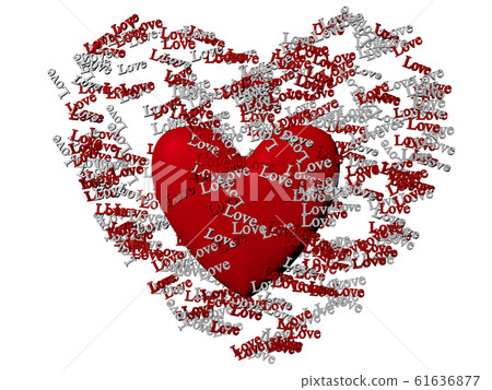 CG of red heart figure and red and white words "Love" floating around it in a heart shape CG of red heart figure and red and white words "Love" floating around it in a heart shape 61636877