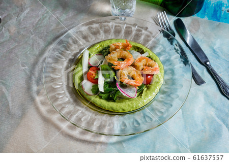 Canape with cucumber, avocado mousse, salmon and Canape with cucumber, avocado mousse, salmon and 61637557