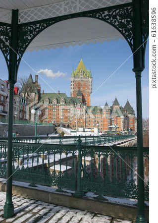Chateau Frontenac in winter viewed from Terrasse Dufferin, Quebec, Canada 61638596