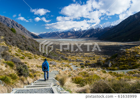 Wiew from Tasman Glacier walk with blue person in Mount Cook National Park, Aoraki, South Island, New Zealand 61638999