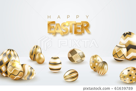 Easter holiday white background with realistic golden decorated eggs and text. Poster, flyer, banner on light background Easter holiday white background with realistic golden decorated eggs and text. Poster, flyer, banner on light background 61639789