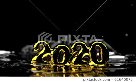 Happy New Year 2020 lettering made by gold and water splash around it. Isolated on black background. 3d illustration. Selective focus macro shot with shallow DOF 61640073