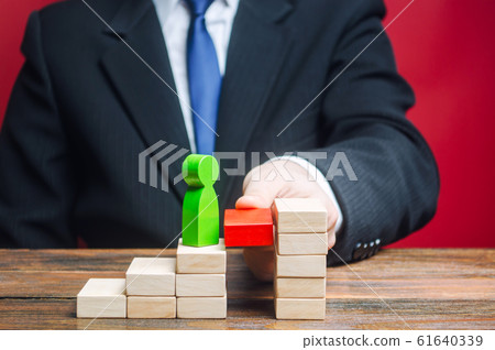 A businessman raises an employee up the career ladder. Appointment of an employee to a next position. Success. Rise in work, transition to a new level. Progress and professional growth. Patrion 61640339