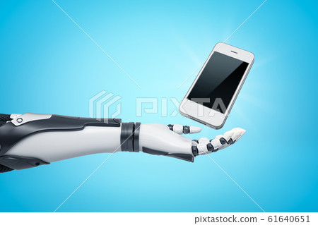 3d side rendering of black and white android hand levitating a smartphone on light blue background. 61640651