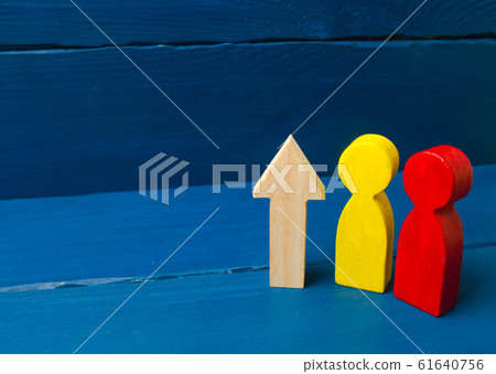 Growing national identity, increasing loyalty and morale. Teamwork. Two people and an up arrow. Level up. The concept of improvement, the transition of society to a new level. Growing national identity, increasing loyalty and morale. Teamwork. Two people and an up arrow. Level up. The concept of improvement, the transition of society to a new level. 61640756