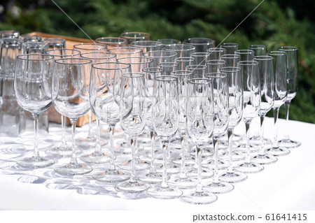 Set of blank empty wine glasses displayed in rows. 61641415